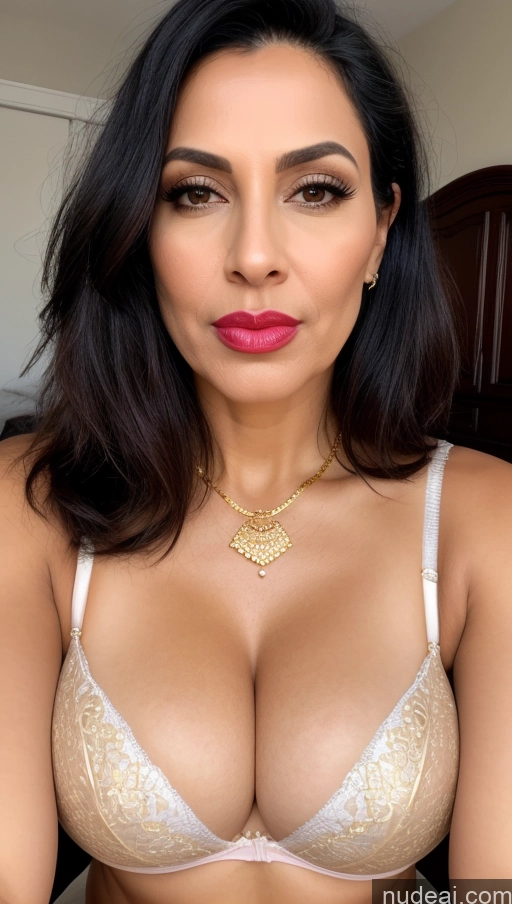 ai nude image of a close up of a woman wearing a bra and a necklace pics of Milf Busty Perfect Boobs Beautiful Lipstick Fairer Skin Perfect Body 50s Shocked Sexy Face Pouting Lips Black Hair Straight Indian Bedroom Front View Bra Thong Jewelry Gold Jewelry Bright Lighting Detailed