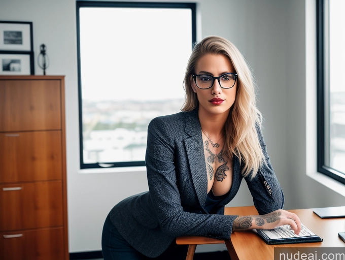 ai nude image of blond woman with glasses sitting at a desk with a laptop pics of Model One Beautiful Tattoos Glasses Lipstick Perfect Body 20s Seductive Sexy Face 3d Jeans Stylish Suit Scandinavian Alternative Office Secretary