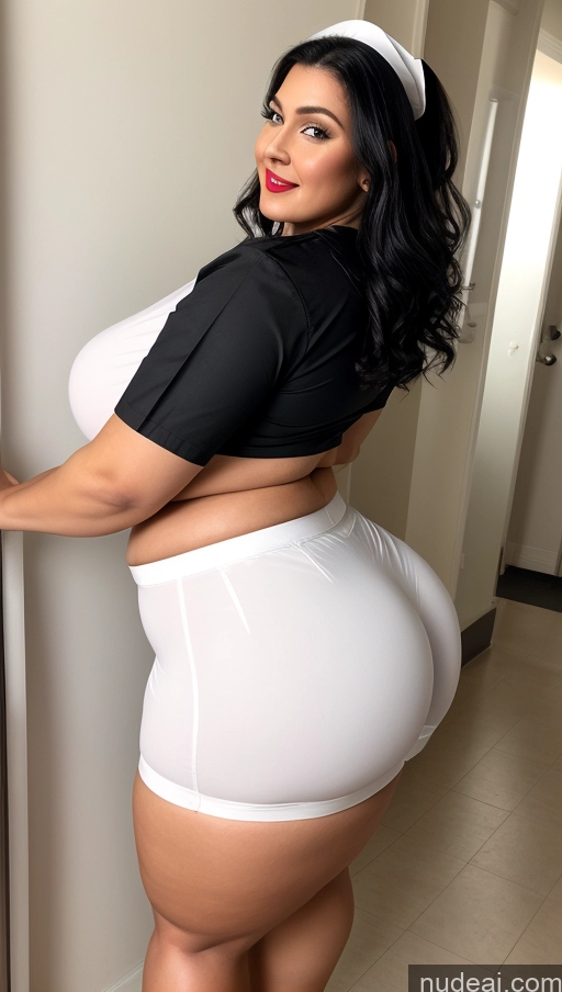 ai nude image of araffe woman in a white skirt and black shirt posing for a picture pics of Lipstick Big Ass Abs Chubby Big Hips Fairer Skin Black Hair Long Hair Huge Boobs Nurse