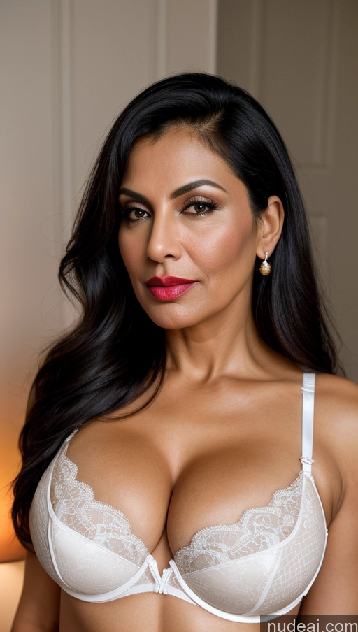 ai nude image of arafed woman in a white bra with a red lip and a black hair pics of Milf Busty Perfect Boobs Lipstick Beautiful Perfect Body Fairer Skin 50s Sexy Face Seductive Pouting Lips Black Hair Straight Indian Bedroom Front View Bra Thong Detailed Bright Lighting