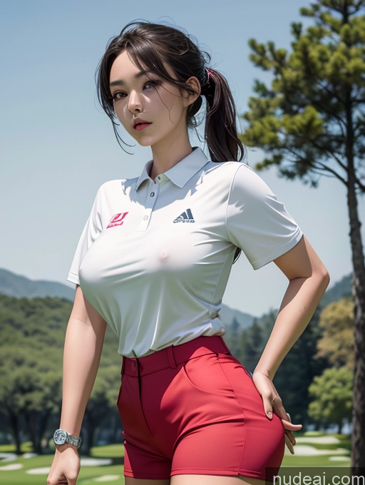 ai nude image of araffe woman in red shorts and white shirt posing for a picture pics of Korean Perfect Boobs Golf