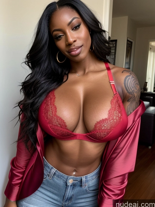 ai nude image of a close up of a woman in a red bra top and jeans pics of Lingerie Model Busty Perfect Boobs Beautiful Tattoos Muscular Bikini Bathrobe Blouse Sports Bra Tank Top Jeans Hip Hop Ahegao Long Hair African Dark Skin