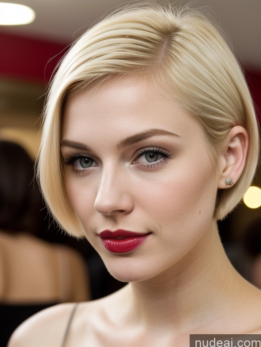 ai nude image of blond woman with red lipstick and a black dress in a room pics of Woman Lipstick Beautiful Fairer Skin 18 Blonde Short Hair Russian Close-up View Party