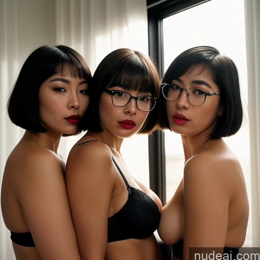 ai nude image of three women in glasses are posing for a picture in front of a window pics of Woman Busty Perfect Boobs Big Ass Glasses Lipstick 18 Seductive Black Hair Short Hair Japanese Dark Fantasy Bedroom Back View Blowjob Mini Skirt Panties Thigh Socks Bright Lighting Several