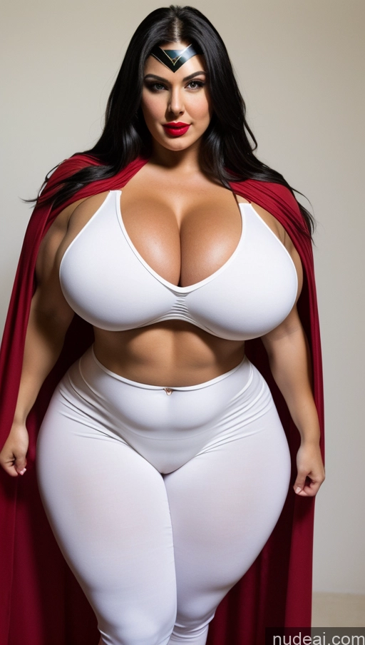 ai nude image of araffe woman in white pants and a red cape posing for a picture pics of Huge Boobs Big Ass Lipstick Muscular Abs Chubby Fairer Skin Black Hair Long Hair Superhero