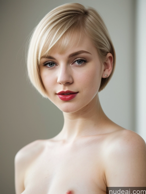 ai nude image of blond woman with red lipstick posing for a picture in a white room pics of Woman Beautiful Fairer Skin 18 Blonde Short Hair Lipstick Russian Close-up View