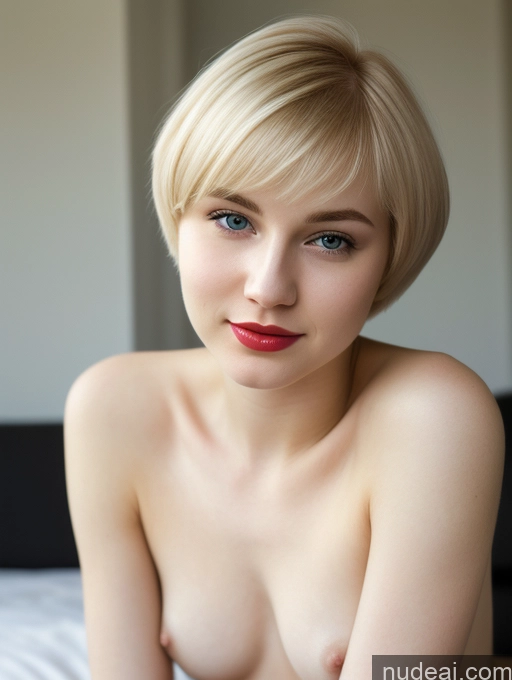 ai nude image of blond woman with short hair posing naked on bed with red lipstick pics of Woman Beautiful Fairer Skin 18 Blonde Short Hair Russian Lipstick Close-up View