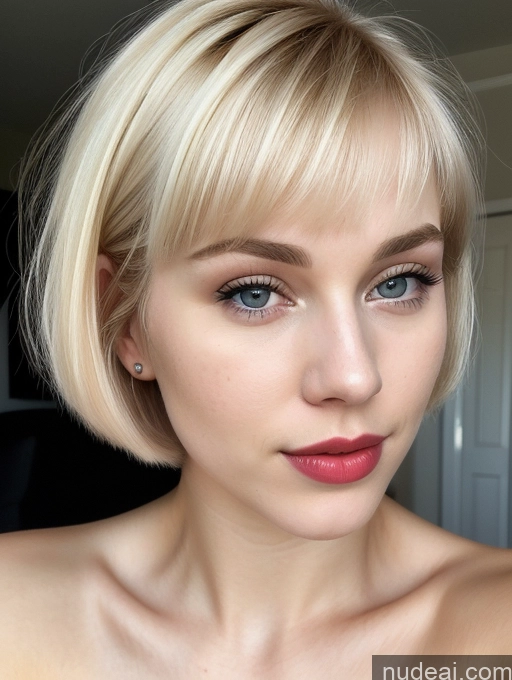 ai nude image of blond woman with short hair and blue eyes posing for a picture pics of Woman Beautiful Lipstick Fairer Skin 18 Blonde Short Hair Russian Close-up View