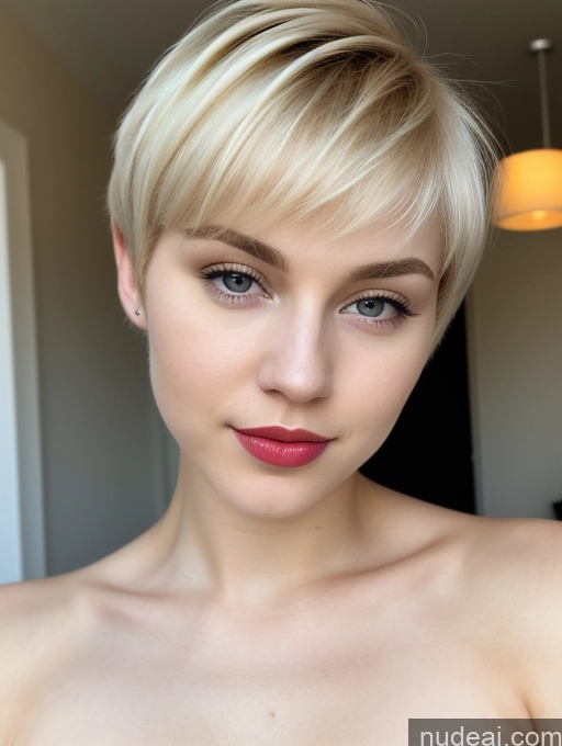 ai nude image of blond woman with short hair and red lipstick posing for a picture pics of Woman Beautiful Lipstick Fairer Skin 18 Blonde Short Hair Russian Close-up View