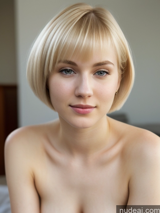 ai nude image of blond woman with a short bob haircut posing naked on a bed pics of Woman Beautiful Fairer Skin 18 Blonde Short Hair Russian Close-up View