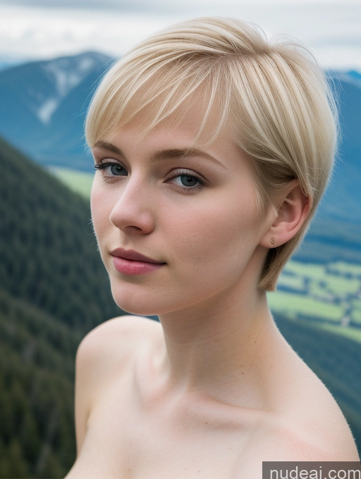 ai nude image of blond woman with short hair and a blue dress looking at the camera pics of Woman Beautiful Fairer Skin 18 Blonde Short Hair Close-up View Russian Mountains