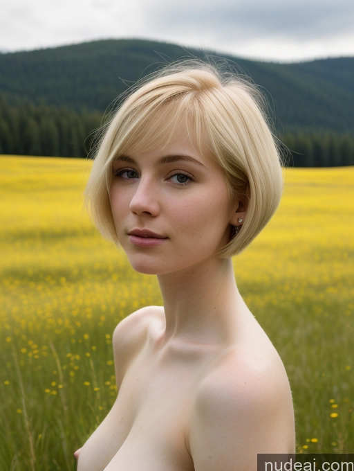 ai nude image of blond woman with big breast posing in a field of yellow flowers pics of Woman Beautiful Fairer Skin 18 Blonde Short Hair Close-up View Russian Meadow