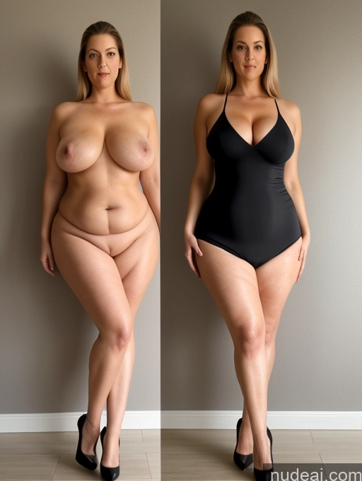 ai nude image of arafed woman in a black swimsuit and a woman in a black swimsuit pics of Tall Long Legs Big Hips Big Ass Chubby Busty Perfect Boobs Nude High Heels Two 70s