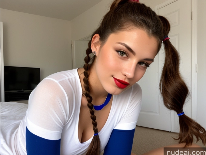 ai nude image of arafed woman with a ponytail and a blue and white shirt pics of Model One Beautiful Small Tits Lipstick 18 Sexy Face Brunette Czech Alternative Detailed High Socks Pigtails Big Ass