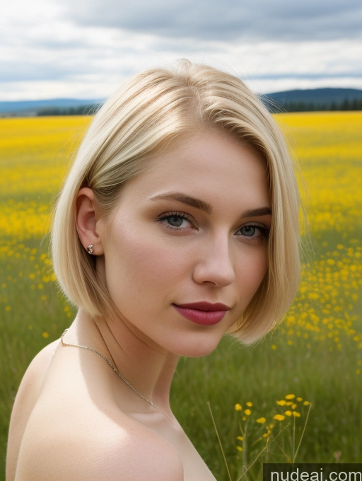 ai nude image of blond woman with blue eyes posing in a field of yellow flowers pics of Woman Lipstick Beautiful Fairer Skin 18 Blonde Short Hair Russian Meadow Close-up View