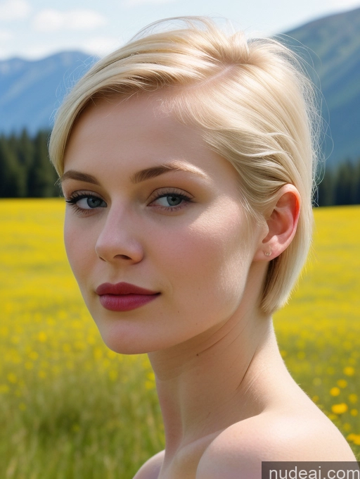 ai nude image of blond woman with short hair in a field of yellow flowers pics of Woman Lipstick Beautiful Fairer Skin 18 Blonde Russian Meadow Close-up View Pixie