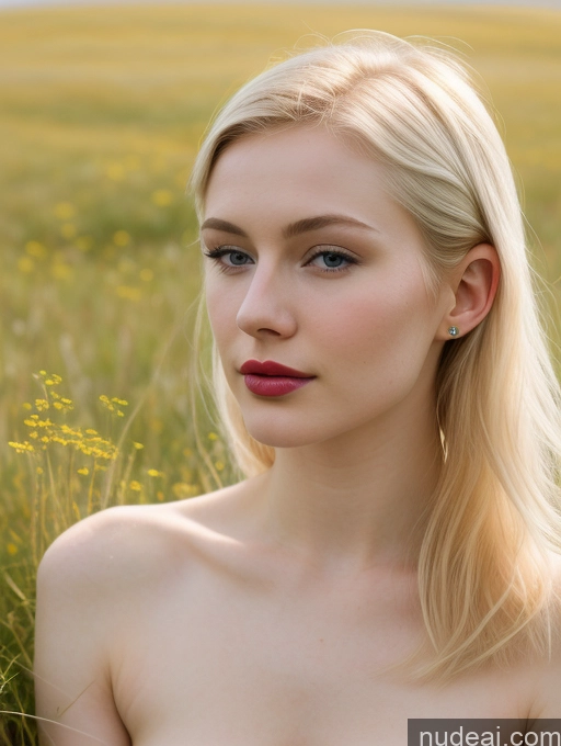 ai nude image of blond woman with blue eyes and a red lip posing in a field pics of Woman Lipstick Beautiful Fairer Skin 18 Blonde Russian Meadow Close-up View Pixie