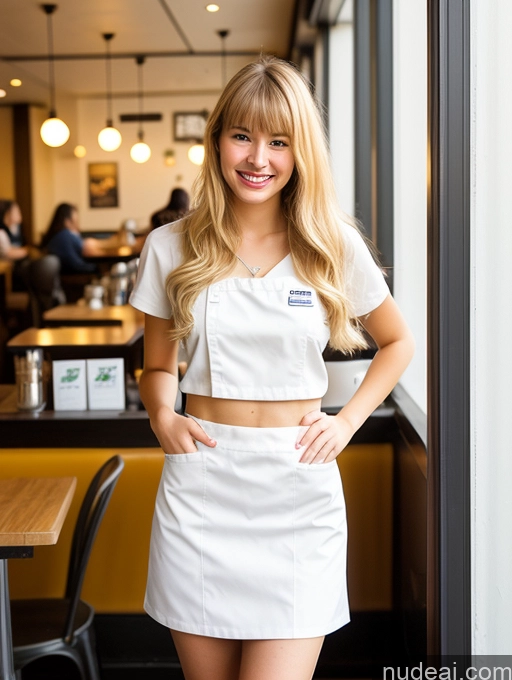 ai nude image of blonde woman in white uniform standing in front of a restaurant pics of Sorority Big Hips Long Legs 18 Blonde Bangs White Cafe Waitress Small Tits Happy