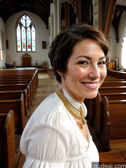 ai nude image of smiling woman in white dress in church with wooden pews pics of Wife Or Girlfriend Big Hips Pubic Hair 50s Happy Brunette Pixie White Big Ass Church Traditional Dress