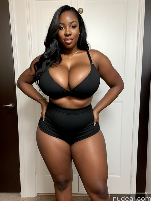 ai nude image of araffe woman in a black bikini and high waisted shorts posing for a picture pics of One Huge Boobs Thick Woman Big Ass Big Hips 30s African Black Hair Long Hair Cleavage Simple Detailed Alternative Front View High Heels Short Shorts