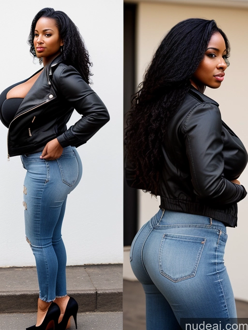 ai nude image of araffe woman in jeans and a leather jacket posing for a picture pics of One Huge Boobs Thick Woman Big Ass Big Hips 30s African Black Hair Long Hair Cleavage Simple Detailed Alternative High Heels Jacket Jeans Side View