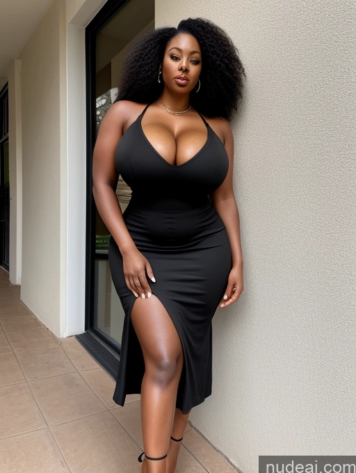 ai nude image of a woman in a black dress standing against a wall pics of One Huge Boobs Thick Woman Big Ass Big Hips 30s African Black Hair Long Hair Cleavage Simple Detailed Alternative High Heels Front View Dress Long Skirt