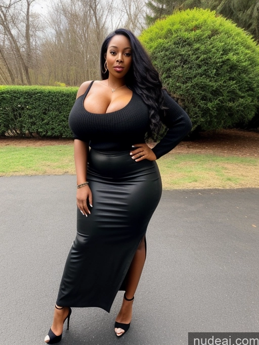 ai nude image of a woman in a black dress posing for a picture pics of One Huge Boobs Thick Woman Big Ass Big Hips 30s African Black Hair Long Hair Cleavage Simple Detailed Alternative High Heels Long Skirt Sweater