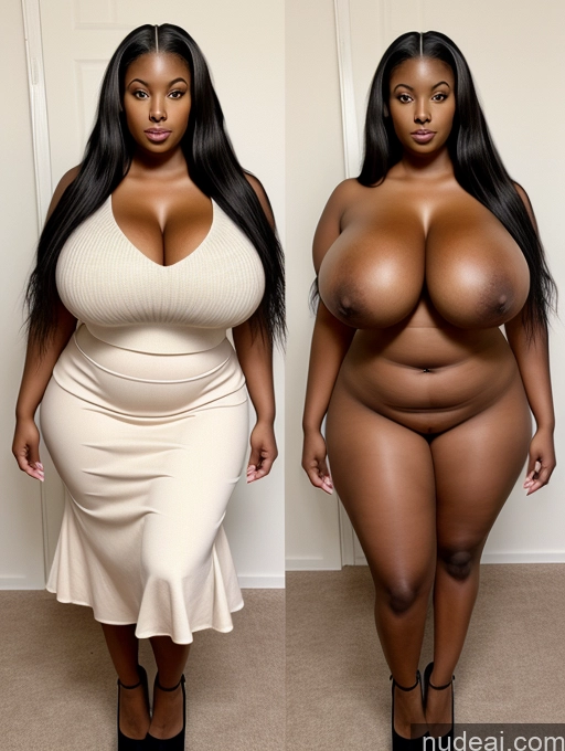 ai nude image of two pictures of a woman with big boos posing for a picture pics of One Huge Boobs Thick Woman Big Ass Big Hips 30s African Black Hair Long Hair Cleavage Simple Detailed Alternative High Heels Long Skirt Sweater Onoff