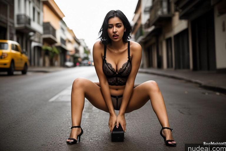 ai nude image of araffe woman in a black bra top and high heels crouching down on a street pics of Woman One Small Tits Skinny Big Ass 18 Ahegao Black Hair Bobcut Street Front View Lingerie Cleavage Dark Lighting Alternative Brazilian