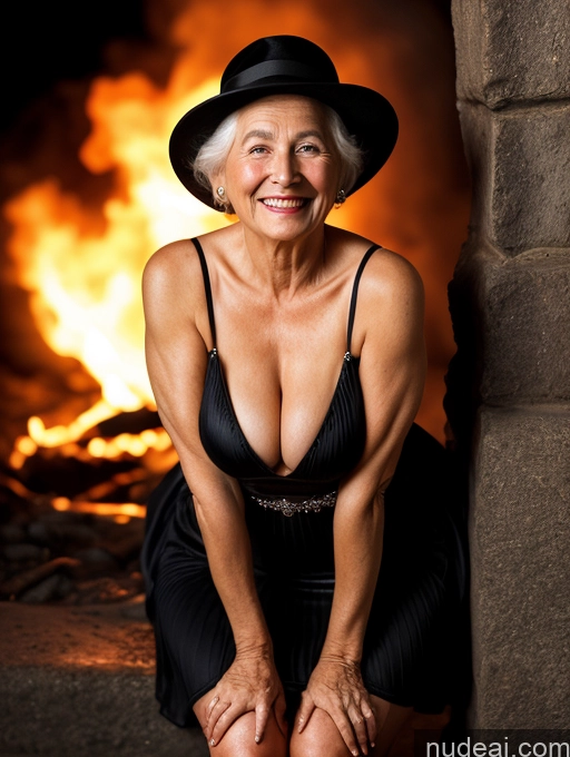 ai nude image of arafed woman in a black dress and hat sitting in front of a fire pics of Woman One Small Tits 80s Happy Serious White Hair Hair Bun White Hell Dress High Heels Hat Cleavage Dark Lighting Detailed