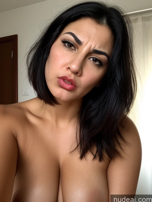 ai nude image of arafed woman with a very big breast posing for a picture pics of Close-up View Seductive Serious Sad Sexy Face Busty Tanned Skin Bending Over Jewish Black Hair Bobcut 30s Laughing Shocked Pouting Lips Angry Sorority