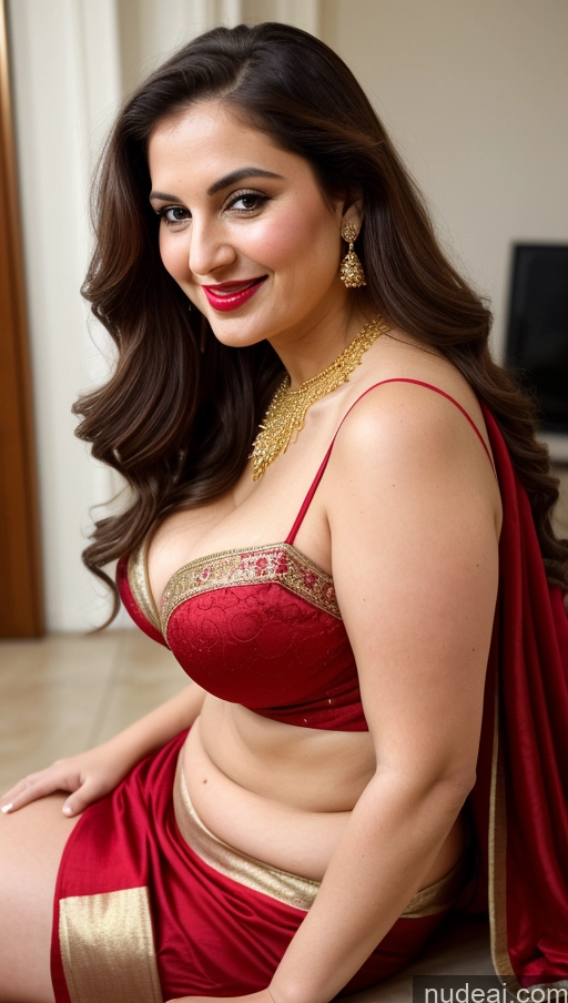 ai nude image of araffe woman in red and gold outfit sitting on the floor pics of Milf Busty Beautiful Lipstick Fairer Skin 20s Happy Seductive Brunette Long Hair Russian Front View Spreading Legs Cleavage Gold Jewelry Sari Party Chubby Thick Big Hips