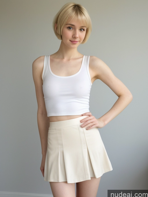 ai nude image of arafed woman in a white top and a skirt posing for a picture pics of Woman Small Tits Beautiful Small Ass Skinny Fairer Skin 18 Blonde Pixie Russian Front View Micro Skirt Tank Top