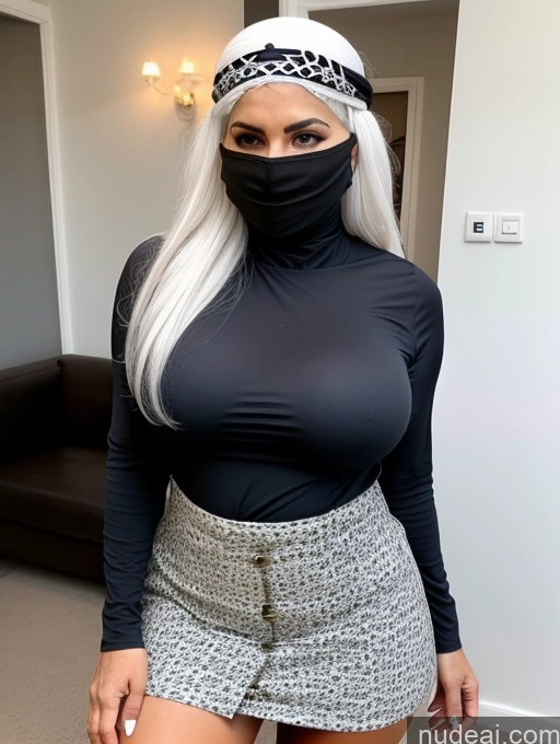 ai nude image of a close up of a woman wearing a black mask and a skirt pics of Milf Busty One Big Ass 70s White Hair Long Hair British Cleavage Mini Skirt Niqab