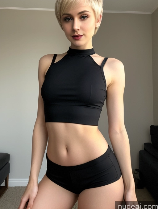 ai nude image of there is a woman in a black top and black shorts posing for a picture pics of Woman Small Tits Beautiful Small Ass Skinny Fairer Skin 18 Blonde Pixie Russian Front View Goth Crop Top Short Shorts