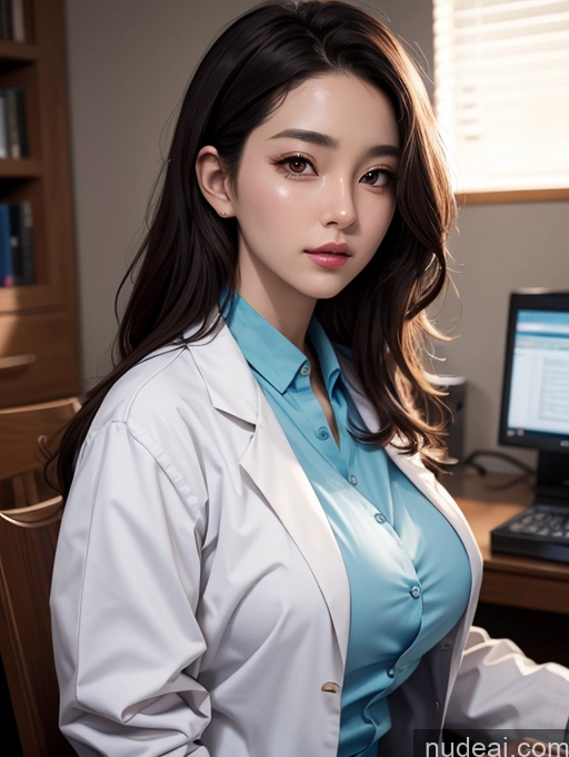 ai nude image of arafed woman in a lab coat sitting at a desk with a computer pics of Korean Perfect Boobs Doctor