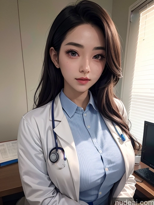 ai nude image of arafed woman in a lab coat sitting at a desk with a laptop pics of Korean Perfect Boobs Doctor