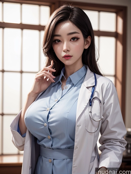 ai nude image of arafed woman in a white lab coat and blue dress posing for a picture pics of Korean Perfect Boobs Doctor