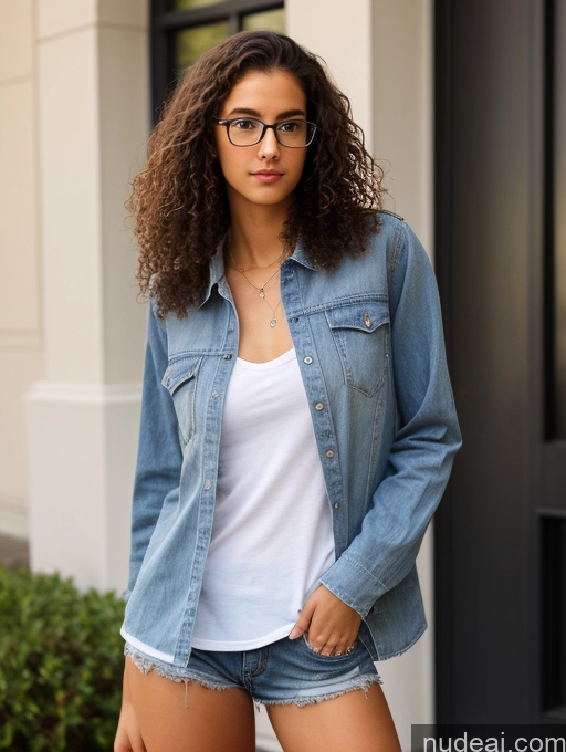 ai nude image of arafed woman in a white shirt and denim jacket posing for a picture pics of Sorority One Small Tits Tall Long Legs Perfect Body Skinny 18 Sexy Face Black Hair Curly Hair Front View Casual Beautiful Glasses White Short