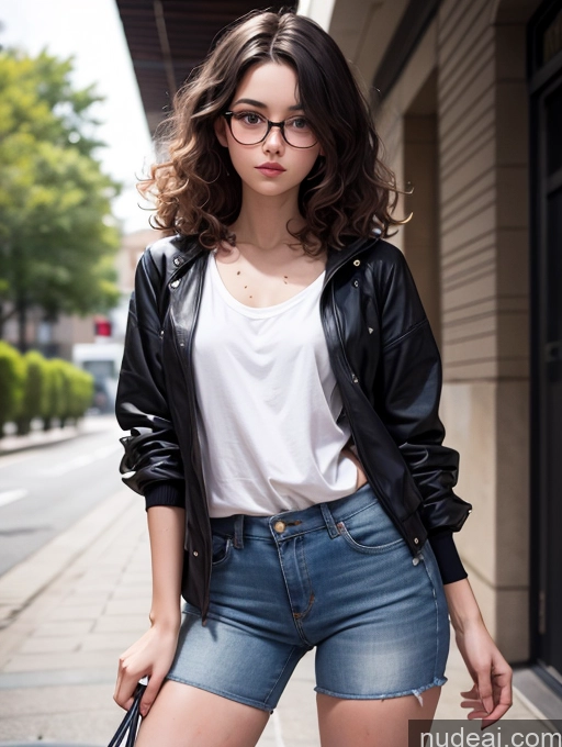 ai nude image of araffed woman in a white shirt and black jacket with a black purse pics of Sorority One Small Tits Tall Long Legs Perfect Body Skinny 18 Sexy Face Black Hair Curly Hair Front View Casual Beautiful Glasses White