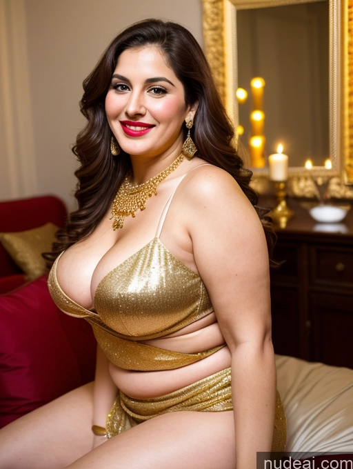 ai nude image of araffe woman in a gold dress posing for a picture pics of Milf Busty Beautiful Lipstick Thick Chubby Big Hips Fairer Skin 20s Happy Seductive Brunette Long Hair Russian Front View Spreading Legs Cleavage Gold Jewelry Party Sari