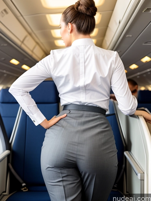 ai nude image of araffe woman in a white shirt and gray pants on a plane pics of Back View Big Ass Bending Over White Hair Bun Flight Attendant