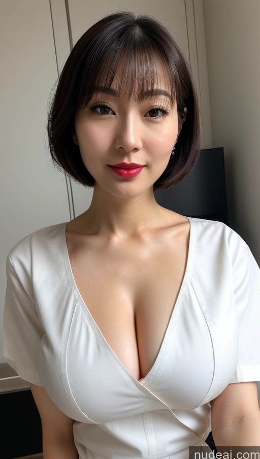 ai nude image of arafed asian woman with a white dress and red lipstick pics of Woman One Huge Boobs Beautiful Lipstick Fairer Skin 30s Black Hair Japanese Close-up View Detailed Simple Bobcut Nurse