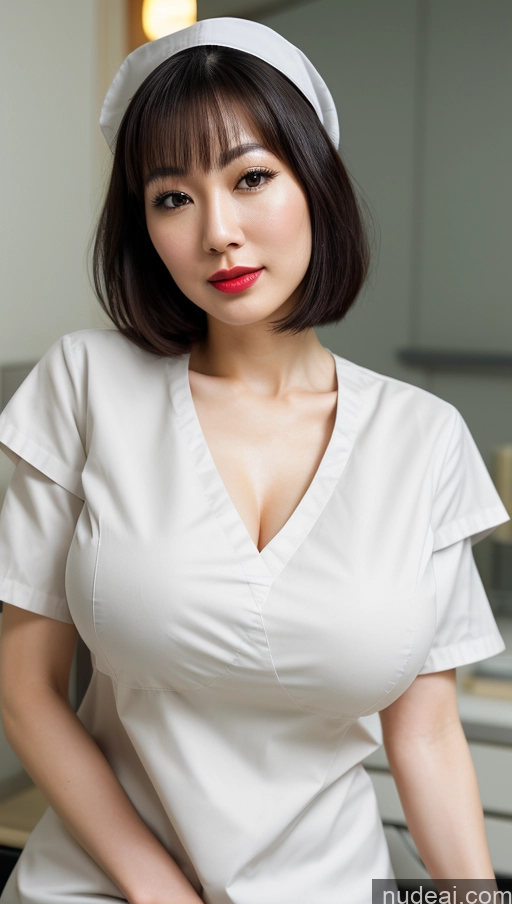 ai nude image of arafed woman in a white nurse uniform posing for a picture pics of Woman One Huge Boobs Beautiful Lipstick Fairer Skin 30s Black Hair Japanese Close-up View Detailed Simple Bobcut Nurse