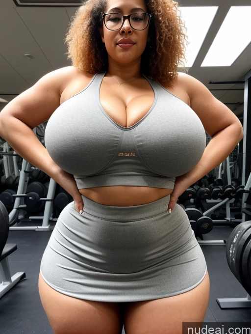 ai nude image of a close up of a woman in a gray dress in a gym pics of Milf One Busty Huge Boobs Perfect Boobs Glasses Big Ass Thick Big Hips Tall 30s Seductive Ginger Curly Hair White Skin Detail (beta) Gym Front View Crop Top Mini Skirt