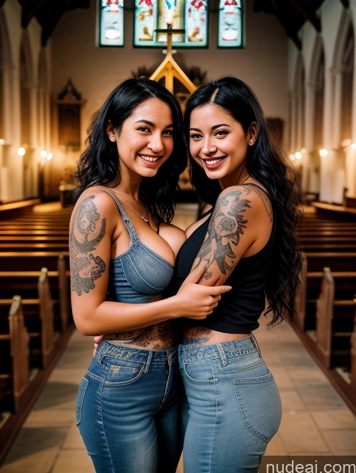 ai nude image of two women standing in a church with tattoos on their arms pics of Two Perfect Boobs 20s Tattoos Happy Black Hair Indian Film Photo Front View Jeans Church Woman