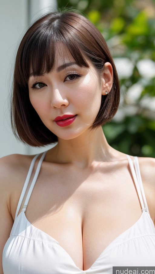 ai nude image of araffed asian woman with a white bra top and red lipstick pics of Woman One Huge Boobs Beautiful Lipstick Fairer Skin 30s Black Hair Close-up View Detailed Simple Bobcut Japanese Sundress