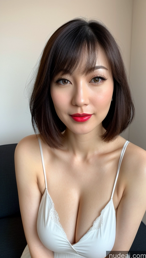 ai nude image of arafed asian woman with a red lipstick and a white bra pics of Woman One Huge Boobs Beautiful Lipstick Fairer Skin 30s Black Hair Close-up View Detailed Simple Bobcut Japanese Sundress