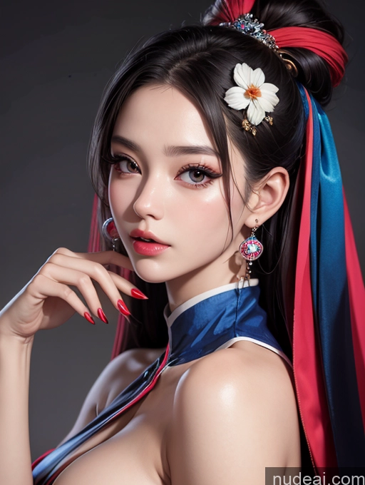 ai nude image of arafed asian woman with a blue and red dress and a flower in her hair pics of Korean Perfect Boobs Harlequin