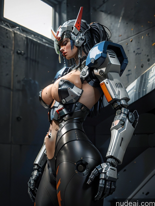 ai nude image of there is a woman in a futuristic suit posing for a picture pics of Cyborg Busty Abs Big Hips 30s Serious Cyberpunk Graphics Prison Partially Nude Alternative Cyberhelmet V3 Pubic Hair Dark Skin Oiled Body Side View SuperMecha: A-Mecha Musume A素体机娘